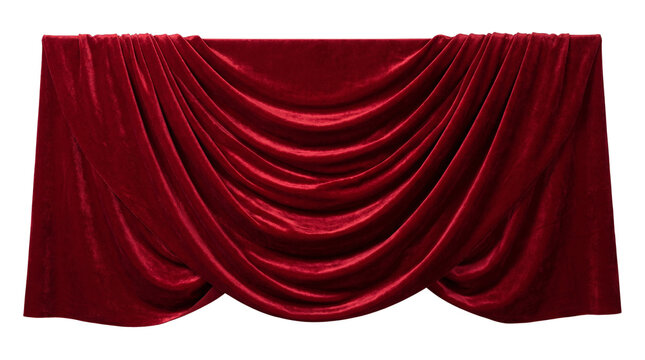 Red velvet theatre curtain swag on transparent background
