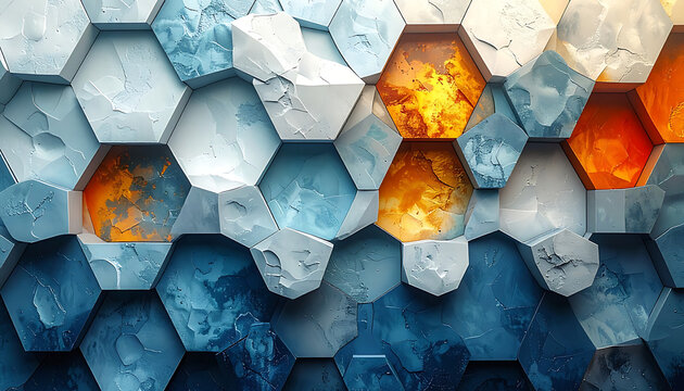 Geometric hexagonal pattern with textured facets in cool blues and warm oranges, representing contrast and fusion, ideal for digital backgrounds