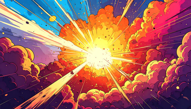 Explosion in pixel art style, bright light and orange clouds against a blue sky, dynamic energy burst