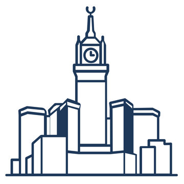 Makkah Royal Clock Tower Mecca skyline vector icon illustration with editable stroke, adjustable line weight, customizable stroke weight, thin line stroke, Islamic landmark for Hajj and Umrah.