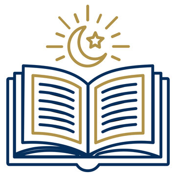 Holy Quran open book vector icon with crescent moon and star, Islamic Ramadan Kareem symbol, editable stroke, adjustable stroke, customizable, stroke weight, line weight, editable, thin line, stroke.
