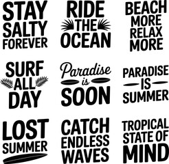 Obraz premium Typography collection displays nine distinct black text based summer themed slogans arranged in a grid layout to celebrate surfing culture and beach vacation vibes for creative graphic design.