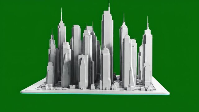 Green Screen Detailed White Geometric Metropolis Model Abstract Architectural Future City Skyline Rotating