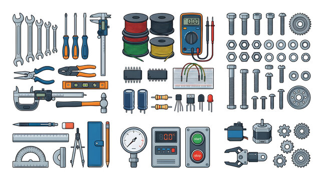 Comprehensive repair and engineering toolkit illustration featuring electronic components, wrenches, and gears