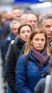 Frustrated passengers waiting in security line at airport terminal during travel delays for queue and crowd background