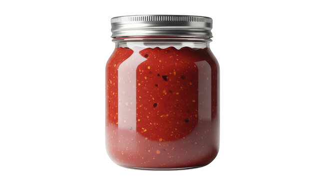 Glass jar filled with red tomato sauce on top of a table
