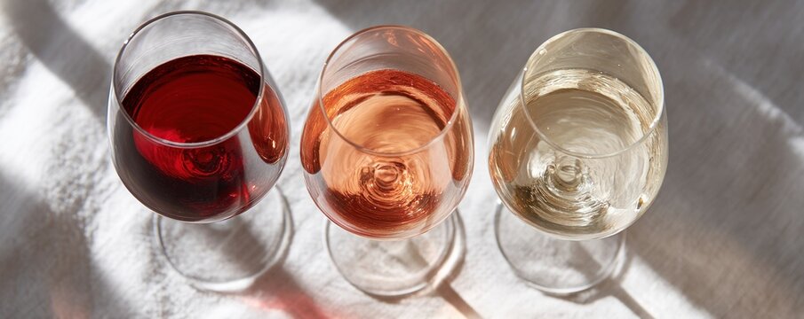 Top down view of three wine glasses filled with red ros&eacute; and white wine for elegant beverage background and banner design