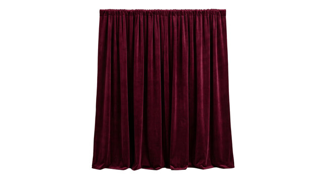 Deep red velvet theater curtains hanging on transparent background