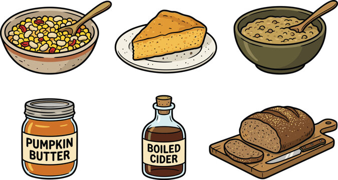 Traditional American Comfort Food Illustration Set with Succotash, Cornbread, Porridge, Pumpkin Butter, Boiled Cider, and Rye Bread for Rustic Design Projects