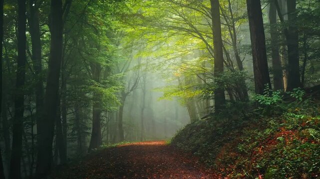 Moving through a misty forest with green and yellow foliage in early autumn. Fog, light and branches create depth in a tree tunnel