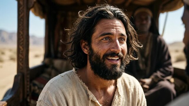 Joyful Philip the evangelist teaching holy scripture to the traveling eunuch inside a wooden chariot during early Christian ministry and conversion on a bright sunny day evoking deep religious faith