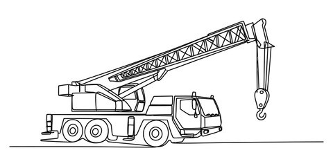 Mobile crane truck with extended boom and hook for lifting heavy objects, line art illustration Vector, illustration © Creative_Outline2019