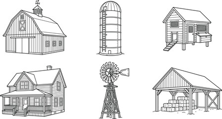 Rural Farm Structure Outline Collection with Classic Barn, Grain Silo, Chicken Coop, Farmhouse, Water Windmill, and Hay Storage for Country Design Projects © Lcpl