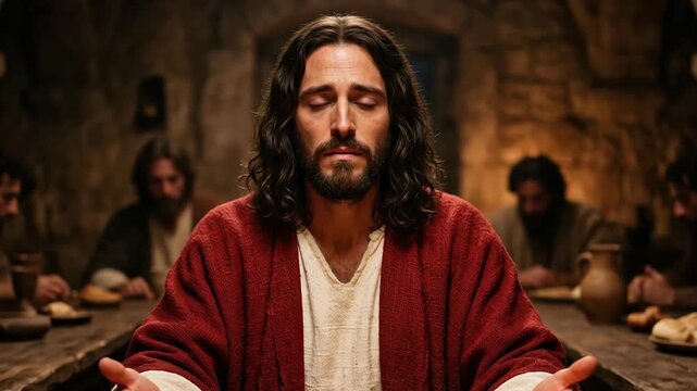 Jesus Christ wearing a red robe sits at a wooden table praying with closed eyes during the Last Supper surrounded by disciples in warm lighting evoking deep Christian faith