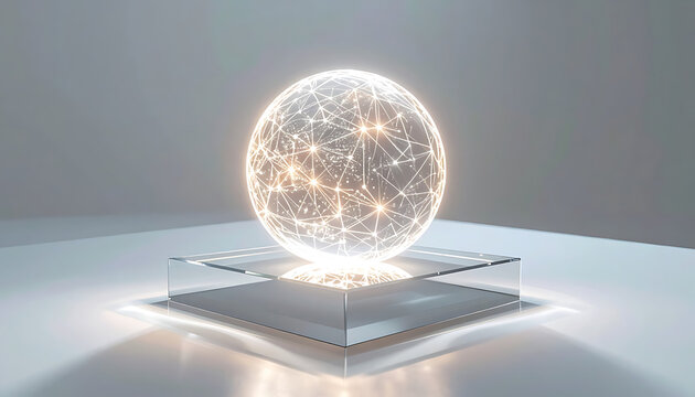 Glowing orb of light particles suspended above a glass pedestal, digital abstract technology