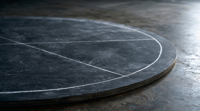 Black chalkboard surface with a single geometric compass arc drawn in white chalk and left incomplete across the matte field, offering a clean minimal academic texture for education marketing, archi