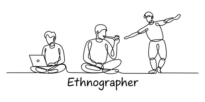Three people in a line drawing style, one using laptop, one smoking pipe, one standing with arms out Vector, illustration