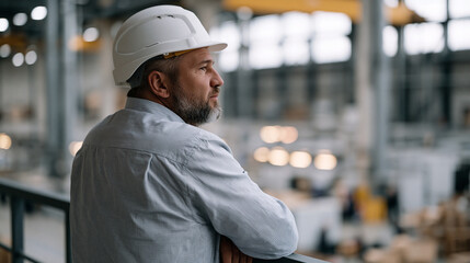 Fototapeta na wymiar A single manufacturing engineer stands at a mezzanine railing overlooking the factory floor below during an early morning shift startup, observing the gradual powering up of production lines, the va