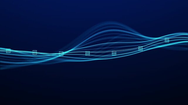Glowing blue data wave with flowing light lines and node markers on a dark background, representing digital signal flow, communication systems and corporate technology.