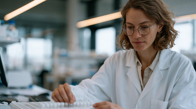 A cultured meat researcher labels cryogenic sample vials and loads them into a storage rack inside a biotech lab, the space minimal and sterile, equipment humming quietly, her concentration complete