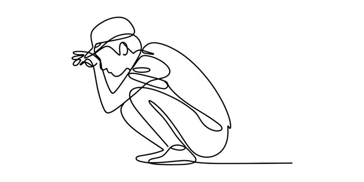 Single line drawing of a person squatting and looking down with hands near face Vector, illustration
