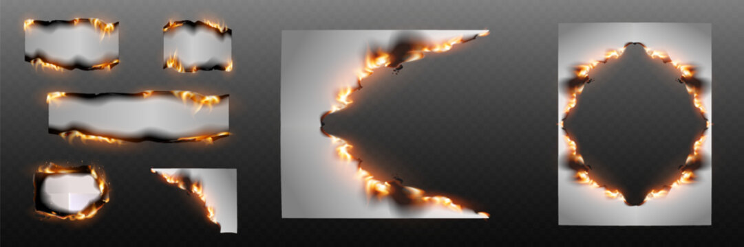 Set of burning paper frames with fire and scorched edges, concept of destruction and energy