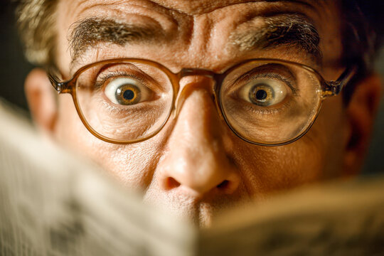 An elderly man with glasses reading a newspaper with wide eyes conveying surprise and intense focus in a warmly lit close-up portrait of curiosity and emotion