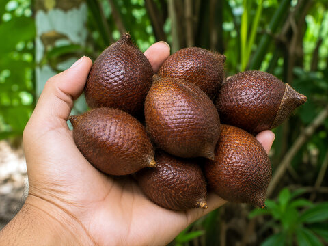 Fresh snake fruit salak in hand with tropical palm background close up