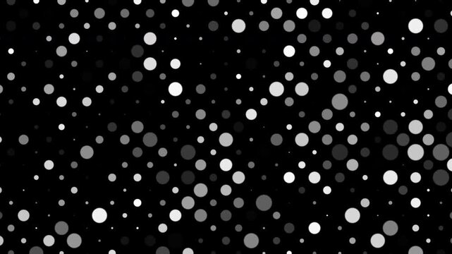 Minimal black and white halftone particle pattern with soft floating dots on a dark background, useful for digital noise, snow, overlays and seamless 4K motion loop.