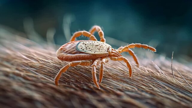 Macro close up of tick crawling on animal fur detailed parasite insect in natural environment dangerous arachnid pest concept veterinary healthcare and disease prevention shallow depth of field