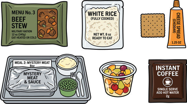 Military MRE Ration Food Illustration Set with Beef Stew, White Rice, Cracker, Mystery Meat, Fruit Cup, and Instant Coffee for Survival Design Projects
