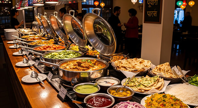 Indian buffet features various curries and naan bread served in silver chafing dishes.