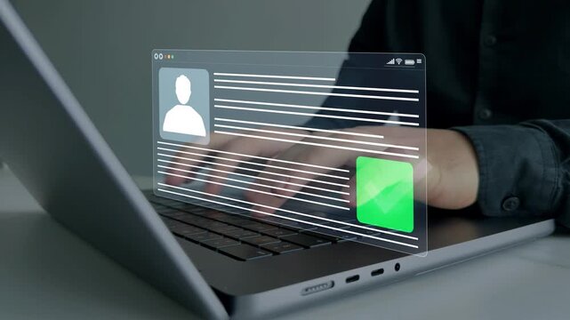 Business professional reviewing digital CV on a laptop, analyzing candidate profiles for recruitment and hiring decisions.Concept of Human Resources ,election and online application screening process.