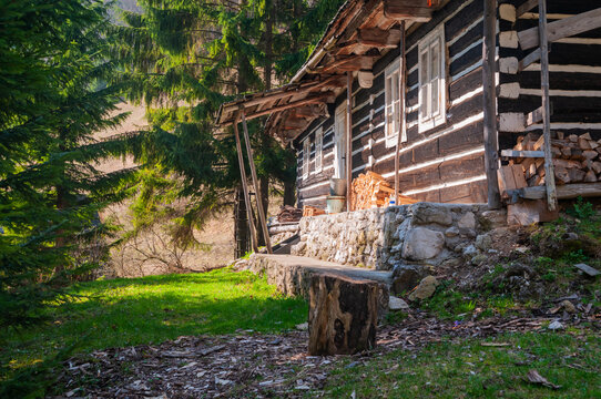 View of the traditional wooden log cabin at Prasnica - old charcoal burners' settlement with a stone porch and stacked firewood in Stare Hory, Banskobystricky kraj, Slovakia.