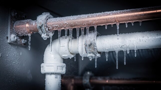 Frozen copper and PVC water pipes covered with frost and sharp icicles, a common winter plumbing emergency.