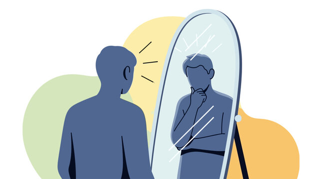 Self Reflection and Identity Concept: Man Looks in Mirror with Introspection