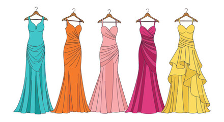 Elegant Evening Gowns Collection: Teal, Orange, Pink, Magenta, Yellow Dresses © afam