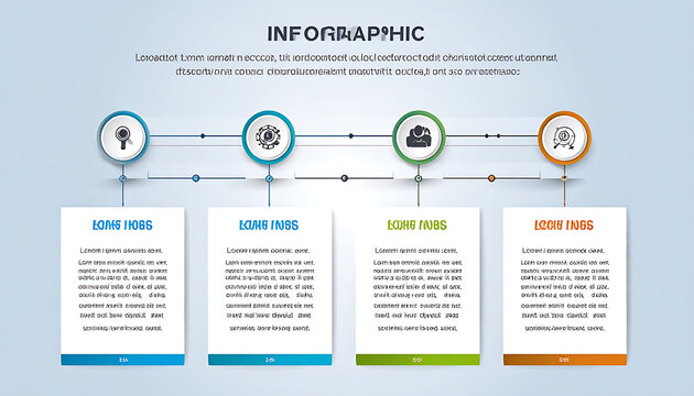 Infographic template with four steps and icons for business process, timeline, strategy, workflow, and development concepts