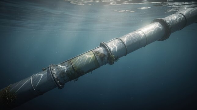 An industrial pipeline submerged in deep blue water, with sunlight creating caustic reflections on its surface.