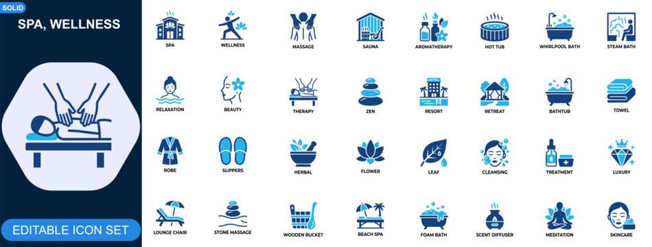 Spa and wellness icon set. Massage, sauna, aromatherapy, hot tub, jacuzzi, steam bath, relaxation, resort retreat, beauty therapy, zen calm. Editable icons collection. Vector.
