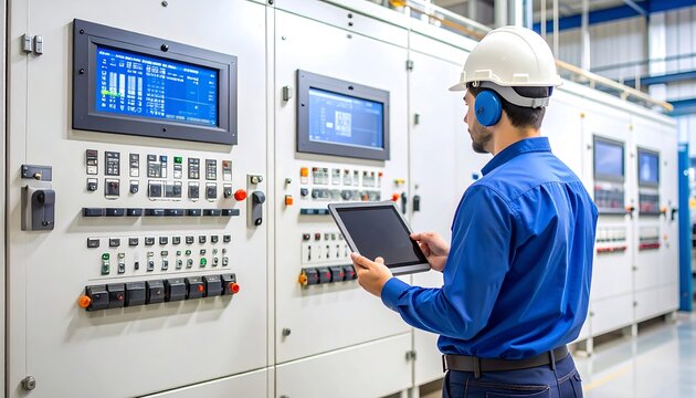 Engineer using tablet in control room
