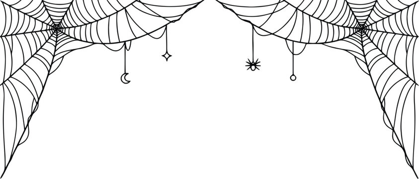 Black and white line art border featuring spooky corner spider webs and hanging charms for Halloween design.