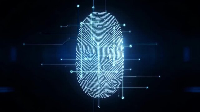 Digital fingerprint scanning animation representing biometric authentication cybersecurity identity verification and secure access technology in futuristic environment