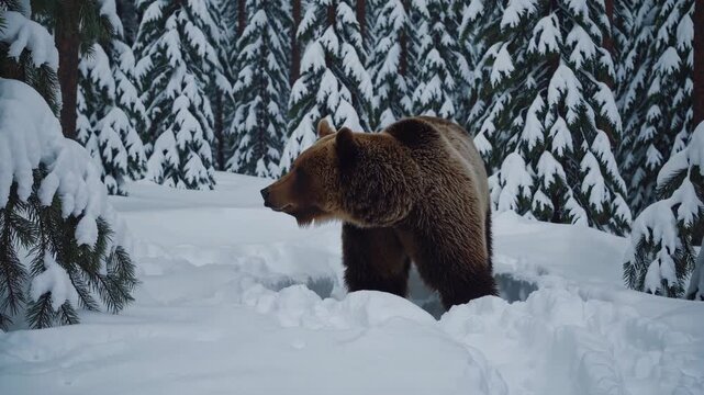 Majestic brown bear walks through snowy forest. Bear explores tranquil winter landscape, surrounded by tall evergreen trees. Nature scene captures serene wildlife moments.