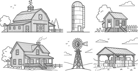 Farm Building Outline Illustration Set with Barn, Grain Silo, Chicken Coop, Farmhouse, Windmill, and Hay Shed for Rural and Agriculture Design Projects © Lcpl