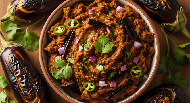 A rustic bowl of baba ghanoush is surrounded by whole roasted eggplants.