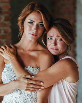 Wedding Day Embrace A bride in a delicate gown is comforted by a tearful mother, their embrace a poignant blend of joy and sorrow on a significant day.