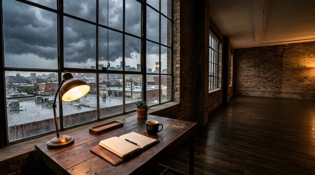 stormy urban productivity workspace beside industrial loft window for deep focus creative thinking and intentional work lifestyle