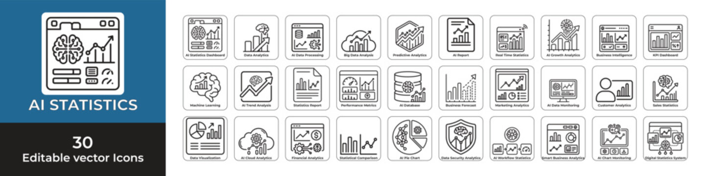 AI Statistics Outline Icons Set - Analytics and Data Dashboard Line Vector Collection