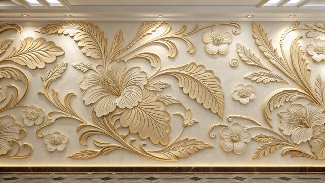 Elegant golden floral relief pattern on a textured wall